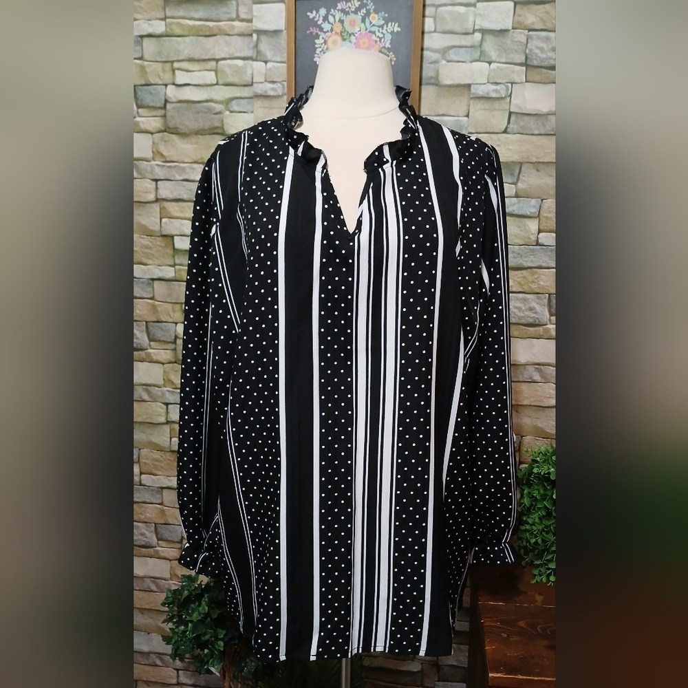 Elegant 5X Black and White Striped and Polka Dot Blouse Whimsigoth Edwardian